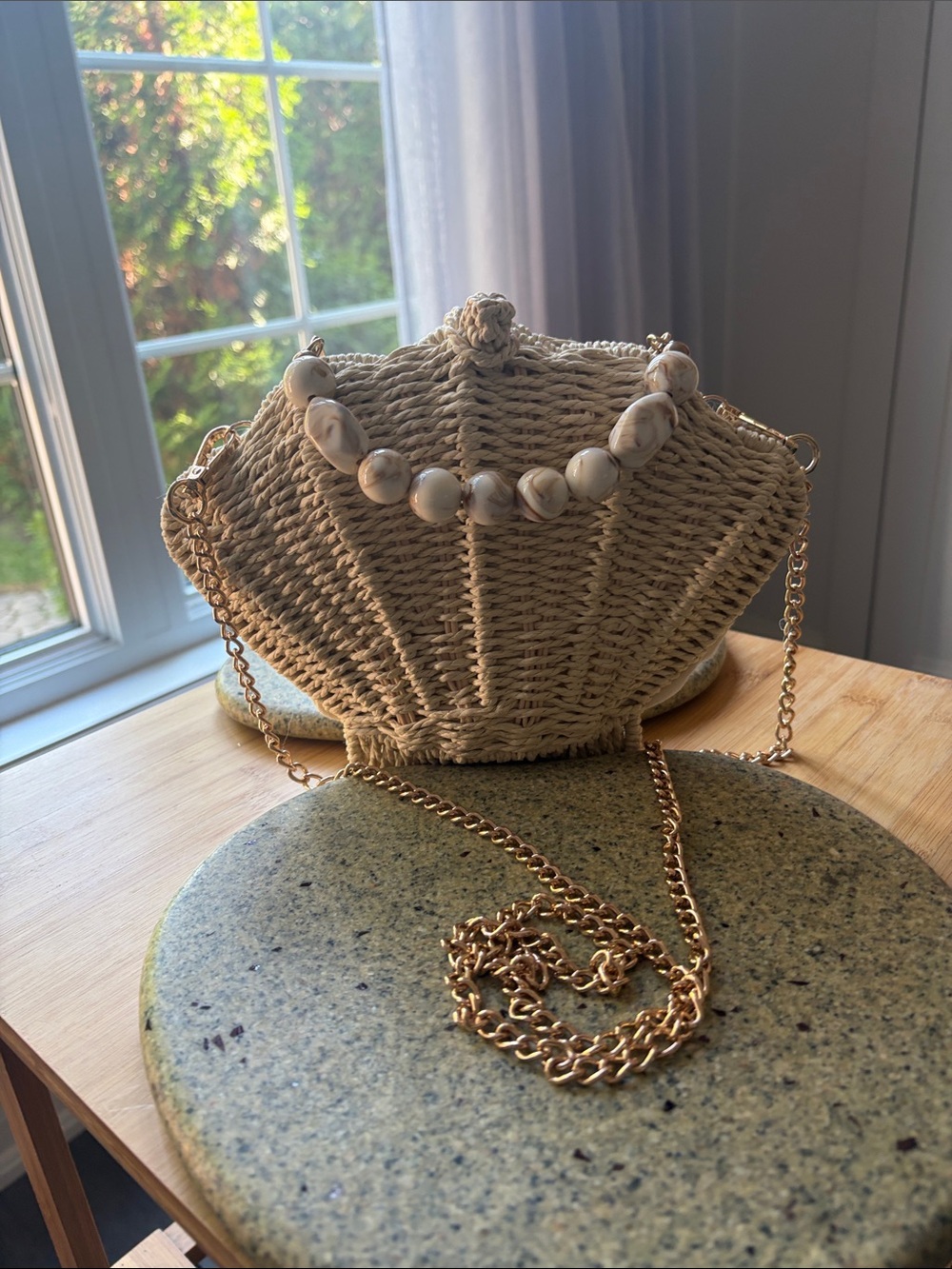 Woven Wicker Shell Crossbody Bag in Natural with Gold Chain